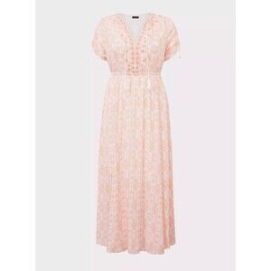 Torrid Lace Tea Maxi Dress Crinkle Gauze Floral Coral Size 1X Ivory Cottagecore